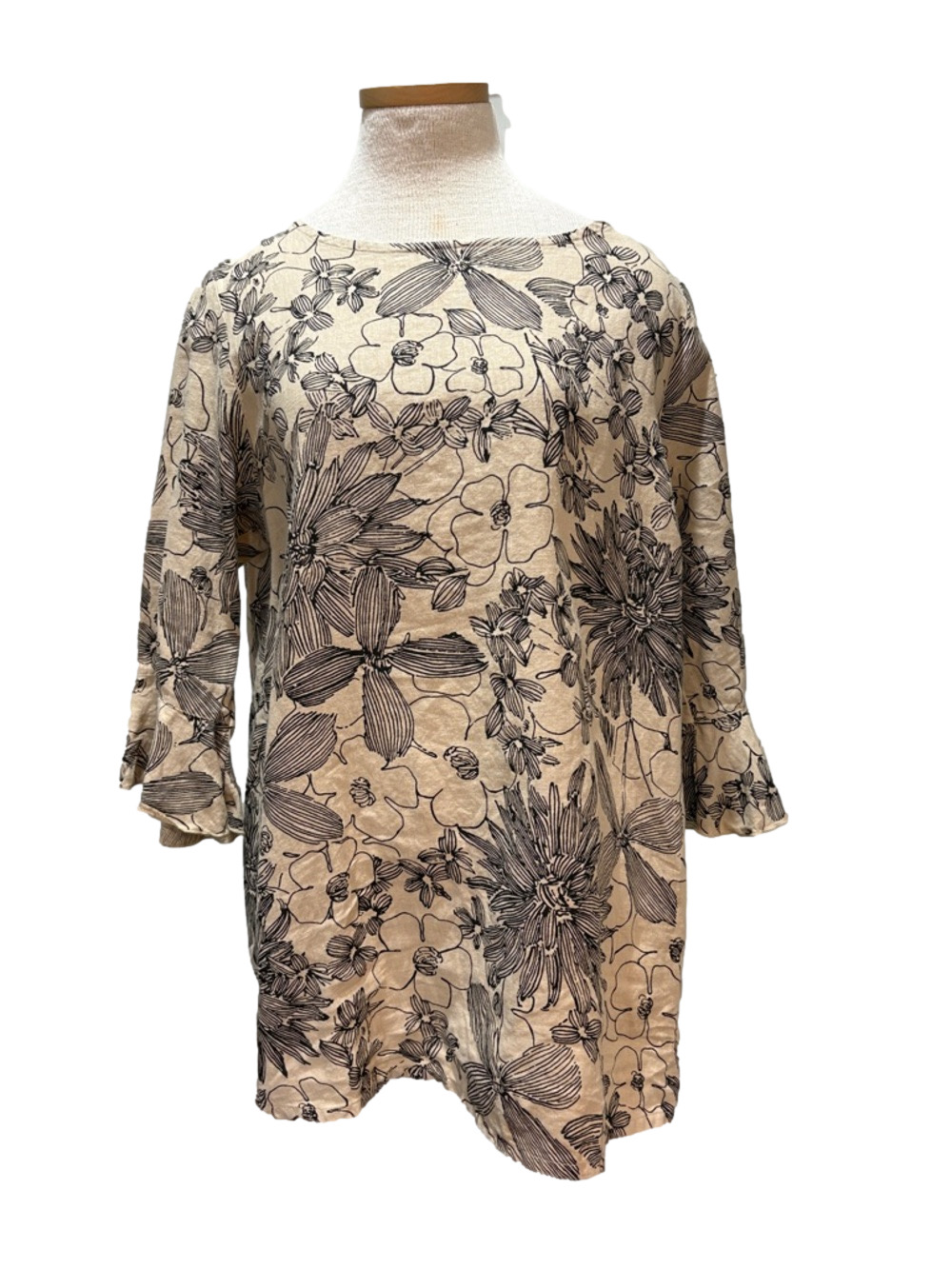 Bryn Walker sz M 100% linen tan with black floral top